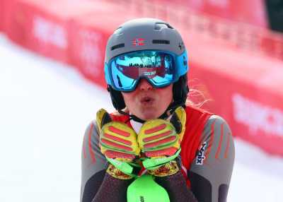 2022 Beijing Olympics - Alpine Skiing - Women's Slalom Run 2 - National Alpine Skiing Centre, Yanqing district, Beijing, China - February 9, 2022. Thea Louise Stjernesund of Norway reacts after her run. REUTERS/Denis Balibouse